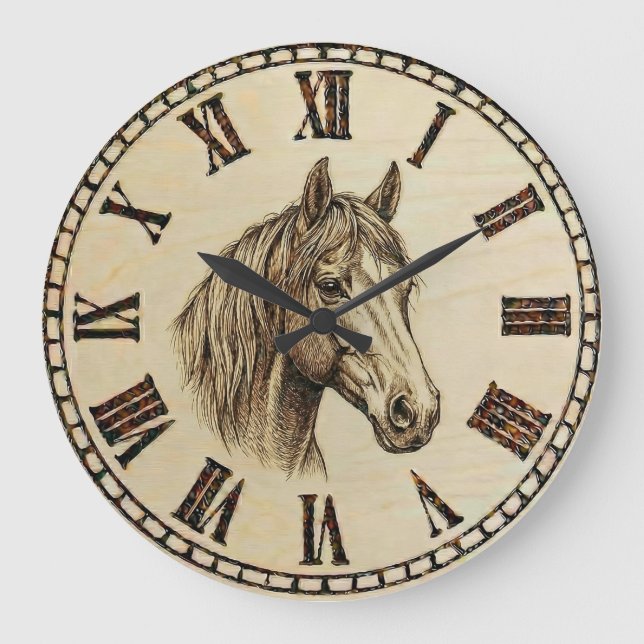 Horse Portrait Wall Clock - Rustic Elegance Große Wanduhr (Vorderseite)