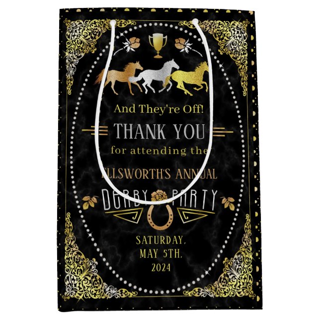 Horse Racing Derby Day Party Art Deco Black Gold Mittlere Geschenktüte (Vorderseite)