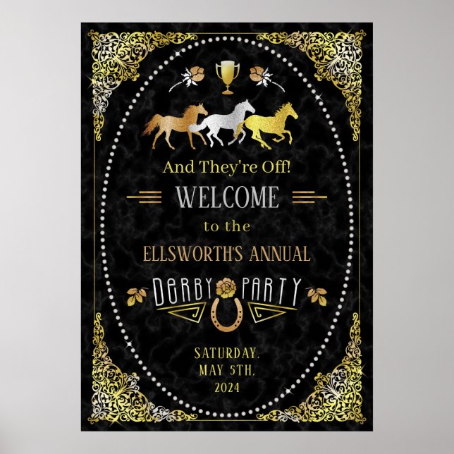 Horse Racing Derby Day Party Art Deco Black Gold Poster (Vorne)