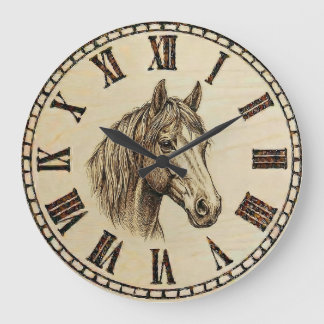Horse Wood Burned Wall Clock Große Wanduhr