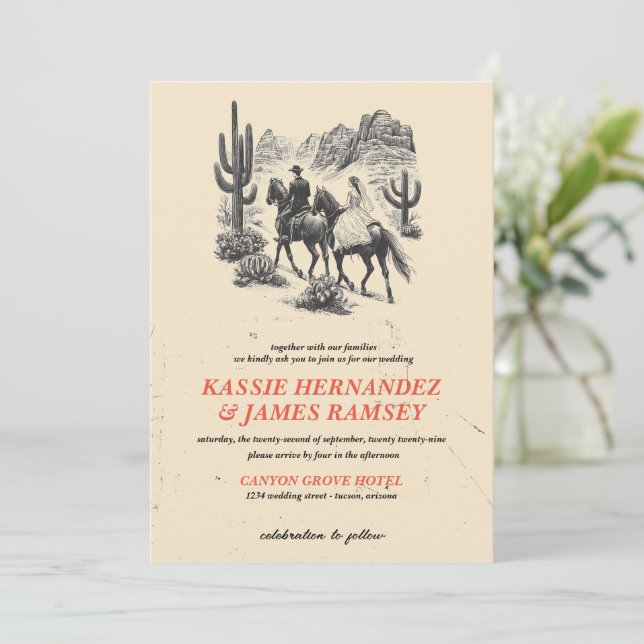 Horseback Canyon Couple Wedding Einladung (Stehend Vorderseite)