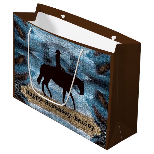 Horseback Cowgirl Birthday Blue Große Geschenktüte (Vorderseite Schrägansicht)