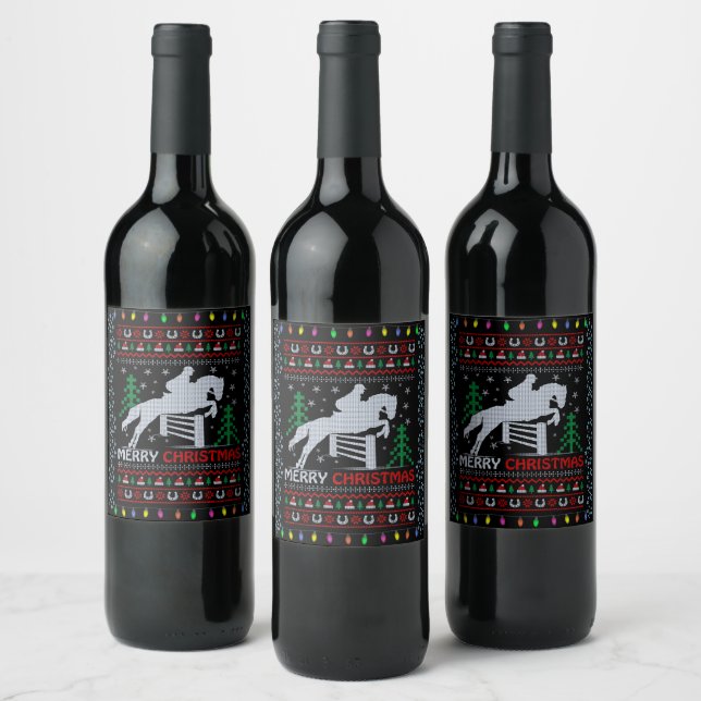 Horseback Riding Jumping Frohe Weihnachten Weinetikett (Flaschen)