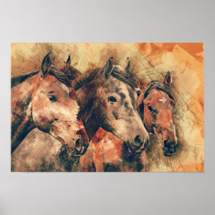 Horses Artistic Watercolor Painting Decorative Poster
