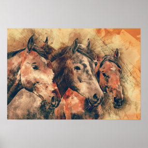 Horses Artistic Watercolor Painting Decorative Poster
