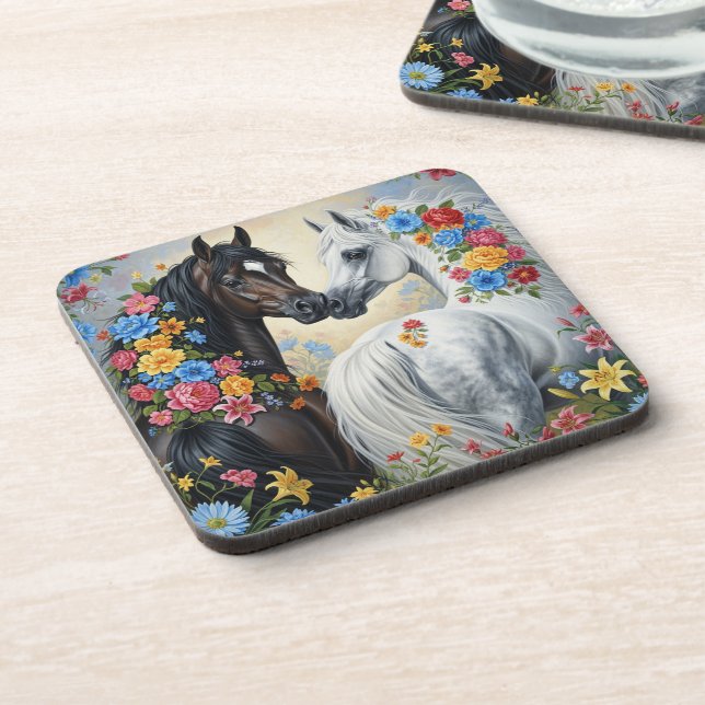  Horses framed in flowers Coaster Getränkeuntersetzer (Linke Seite)