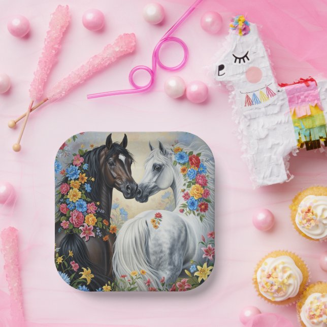 Horses framed in flowers paper plates pappteller (Party)