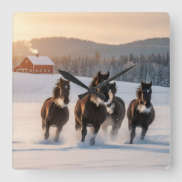 Horses galloping on a winter morning -  quadratische wanduhr