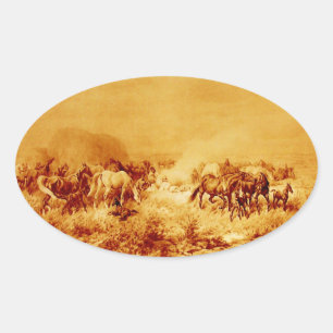 HORSES GRAZIERT, Antique Orange Yellow Oval Ovaler Aufkleber