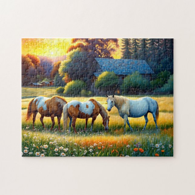 Horses on Farm Wildflower Meadow (Horizontal)