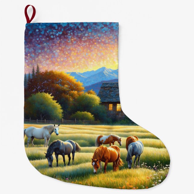 Horses on Farm Wildflower Meadow Großer Weihnachtsstrumpf (Vorderseite)