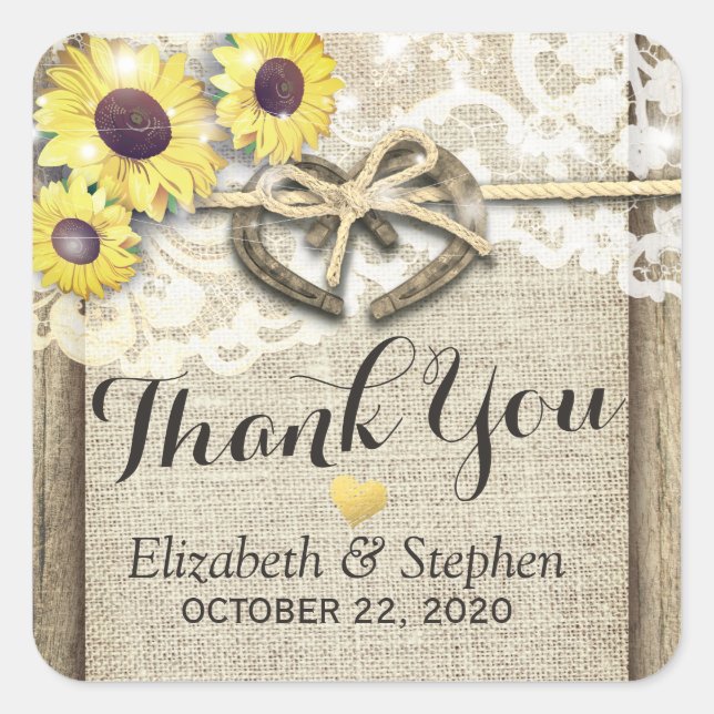 Horseshoe Burlap Lace Sunflowers Wedding Vielen Da Quadratischer Aufkleber (Vorderseite)