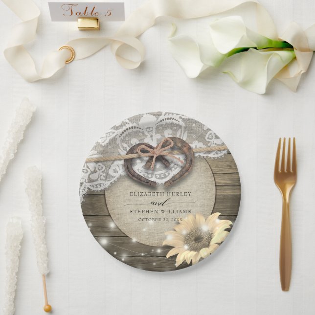 Horseshoe Heart Lace Sunflower Wood Polterabend Pappteller (Hochzeit)
