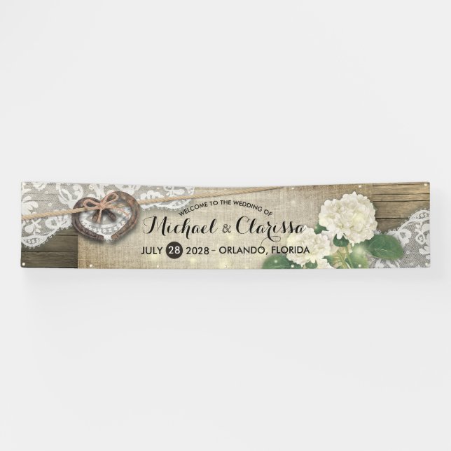 Horseshoe Hydrangea Land Rustikale Hochzeit Willko Banner (Horizontal)
