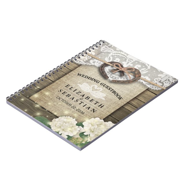 Horseshoe Hydrangea Wood Country Wedding Gäestbook Notizblock (Linke Seite)