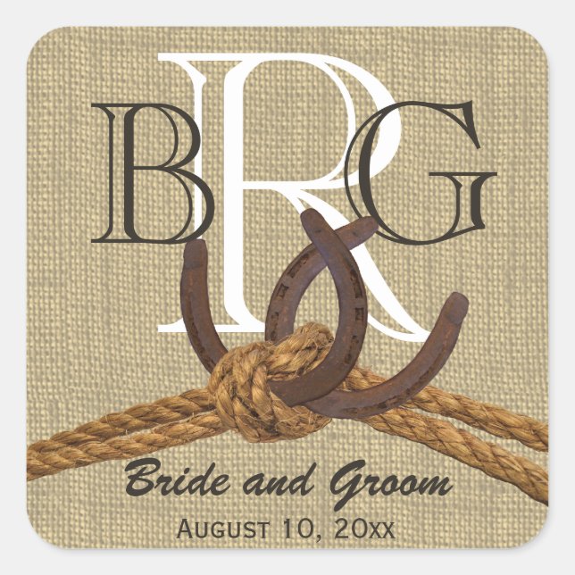 Horseshoe Monogram Rustic Country Rope Quadratischer Aufkleber (Vorderseite)