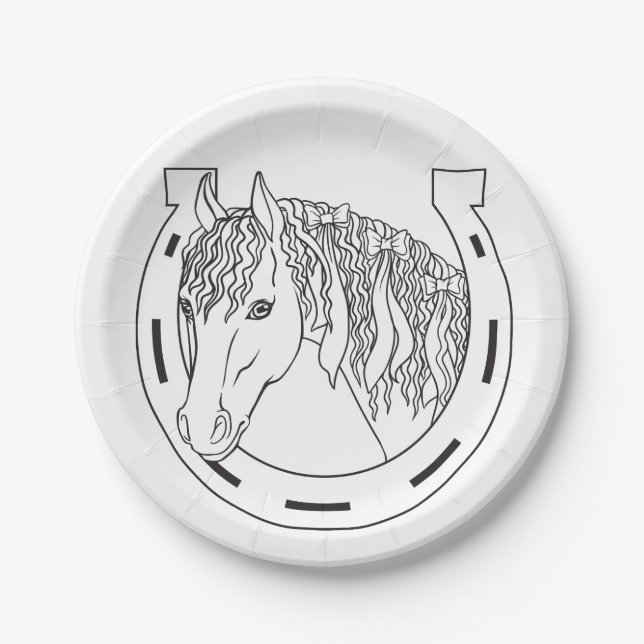 Horseshoe Schwarz-weißer Western Hochzeitsfeier Pappteller (Vorderseite)