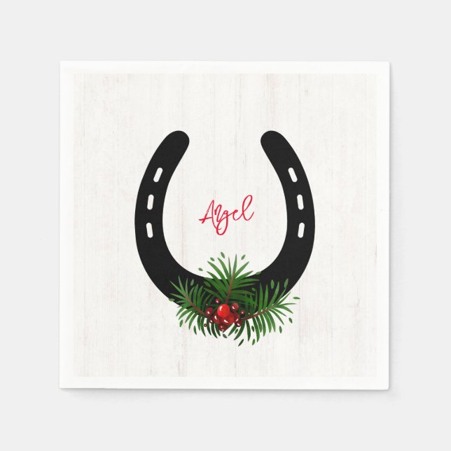 Horseshoe Silhouette Weihnachtsgrün NAME Serviette (Vorderseite)
