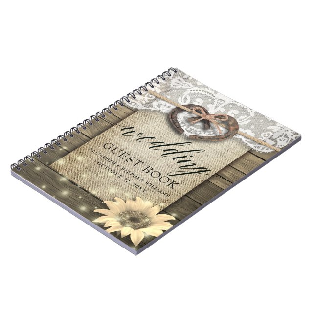 Horseshoe Sunflower Wood Country Wedding Gästebuch Notizblock (Linke Seite)