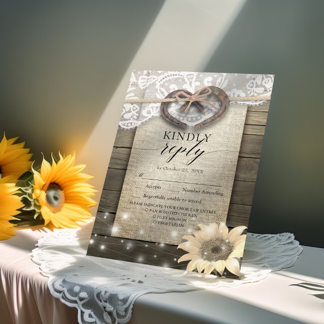 Horseshoe Sunflower Wood Wedding RSVP Répondre (Créateur téléchargé)