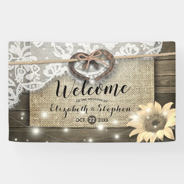 Horseshoes Burlap Lace Sonnenblumen Hochzeit Willk Banner (Horizontal)