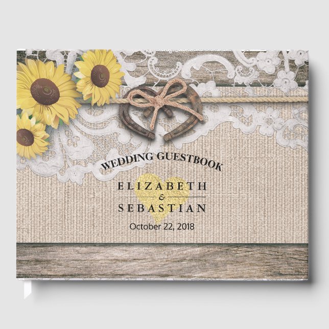 Horseshoes Burlap Lace Sunflower Wedding Gästebuch (Vorderseite)