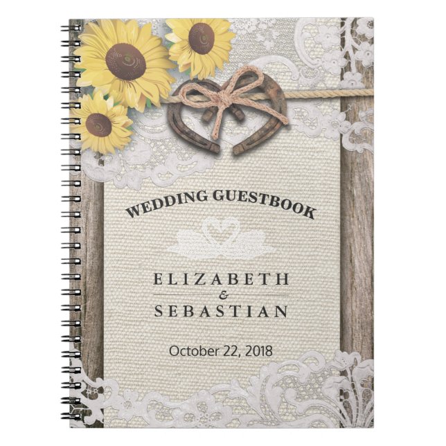 Horseshoes Burlap Lace Sunflower Wedding Gästebuch Notizblock (Vorderseite)