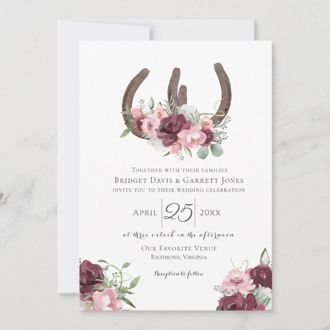 Horseshoes Floral Burgundy Pink Wedding Einladung (Vorderseite)