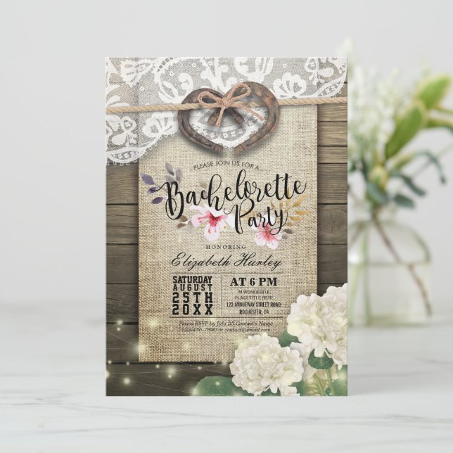 Horseshoes Heart Lace Hydrangea Junggeselinnen-Abs Einladung (Stehend Vorderseite)