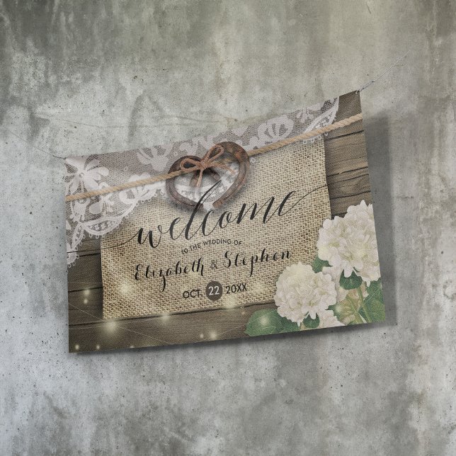 Horseshoes Hydrangea Rustic Wood Wedding Welcome B Banner (Von Creator hochgeladen)