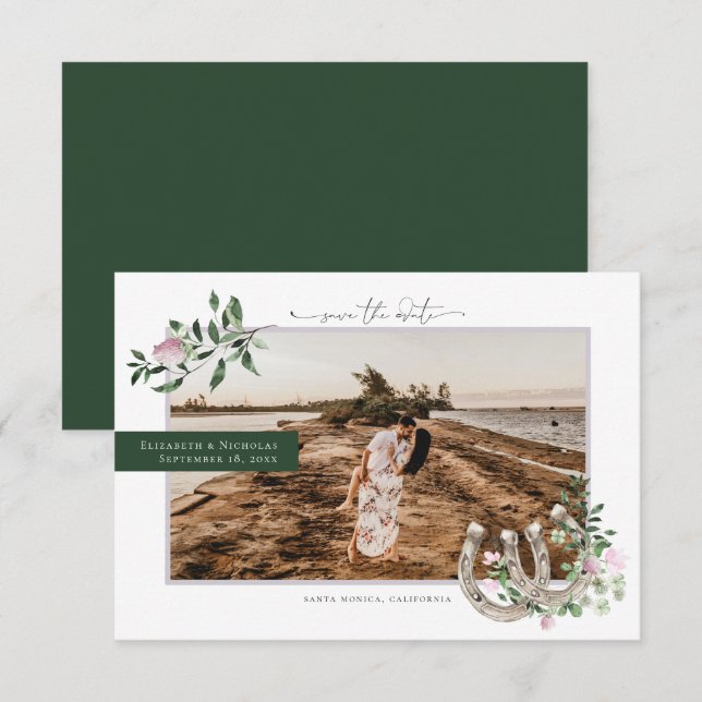 Horseshoes Kleeblatt Greenery | Hochzeit von Fotos Save The Date (Vorne/Hinten)