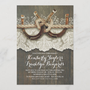 Horseshoes Lace Wood Gipskraut Rustikale Hochzeit Einladung