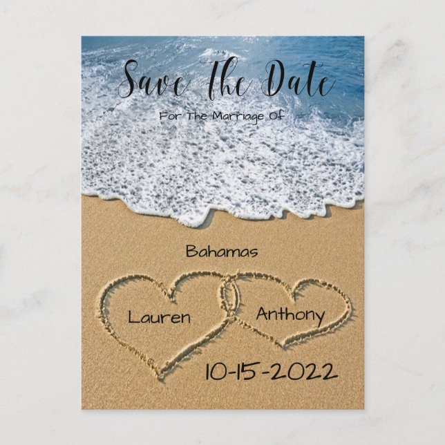 Hört im Sand am Strand Save the Date Hochzeit Postkarte (Vorderseite)