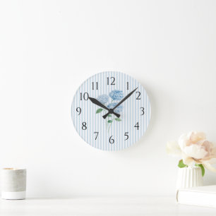 Hortensie Blaue Streifen Vornehme Küsten-Dekoratio Runde Wanduhr