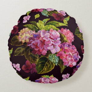 Hortensie, dunkel, nahtloses Blumenmuster. Rundes Kissen