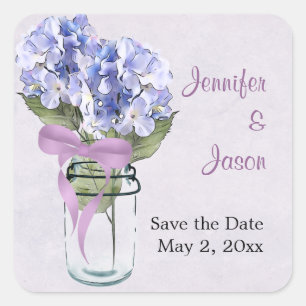 Hortensie in einem Mason-Glas - Save-the-Date-Aufk Quadratischer Aufkleber