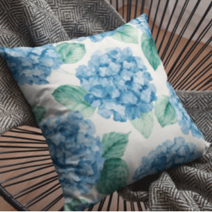 Hortensien-Blau-Blumen-Aquarell-Botanische Blüten Kissen