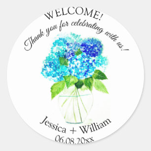 Hortensien Blaue Aquarell-Hochzeit Runder Aufkleber