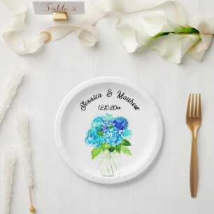 Hortensien Blaue Florale Aquarell-Hochzeiten Pappteller