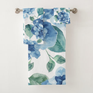 Hortensien-Blues Wasserfarben-Blüten-Blumenmuste Badhandtuch Set