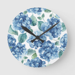 Hortensien-Blues Wasserfarben-Blüten-Blumenmuste Runde Wanduhr