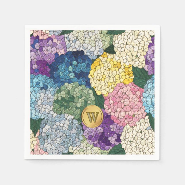 Hortensien-Blumen-Faux-Buntglas-Monogramm Serviette (Vorderseite)