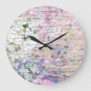 Hortensien-Blumen Vintage-Chic Rosa Landhausstil Große Wanduhr