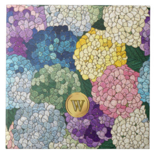 Hortensien Florales Falsches Buntglas Monogramm Fliese