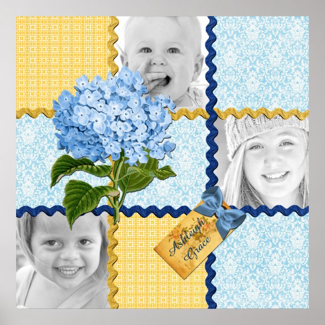 Hortensien-Foto-Quilt-Rahmen Blau Gelb Poster (Vorne)