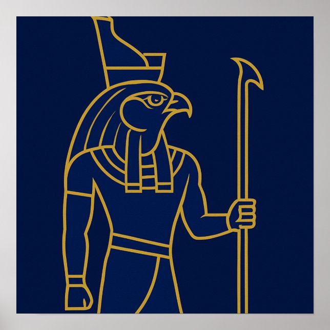 Horus Ägyptisch Gott Gold Line Art Blue Poster (Vorne)