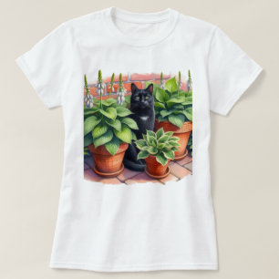 Hosta-Garten und schwarze Katze Aquarell  T-Shirt
