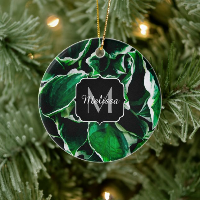 Hosta undulata lebhafte grüne Pflanze Blätter Mono Keramik Ornament (Baum)