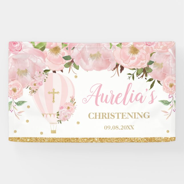 Hot Air Ballon Blush Pink Floral Hintergrund Willk Banner (Horizontal)