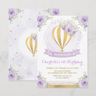 Hot Air Ballon Lila Gold Floral 1. Geburtstag Einladung